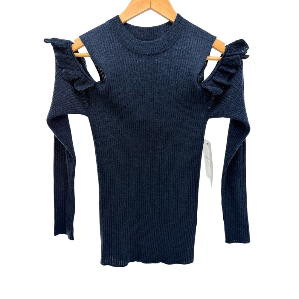 Creatures of Comfort Robson Cutout Ruffle Top Wool Knit Sweater Navy Blue L New